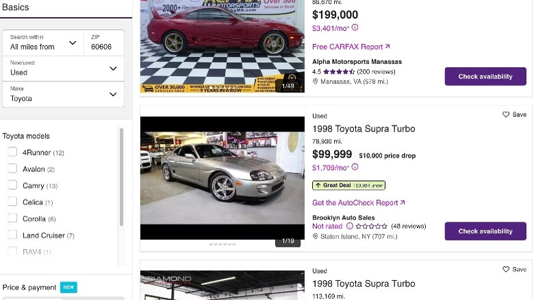 Cars.com browser 1998 Supras