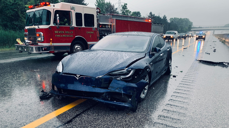 Tesla car accident damaged