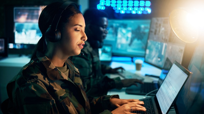 Soldier using computer