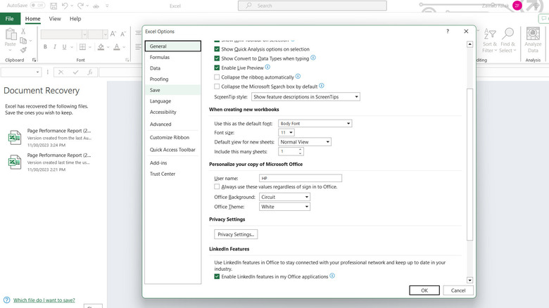 Font settings Excel