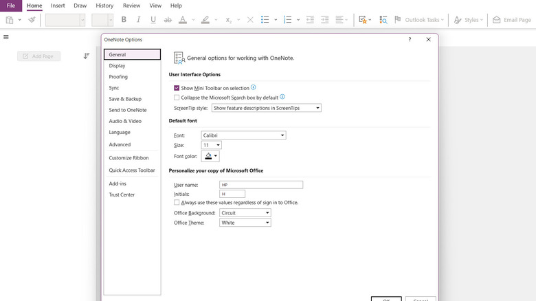 OneNote font settings