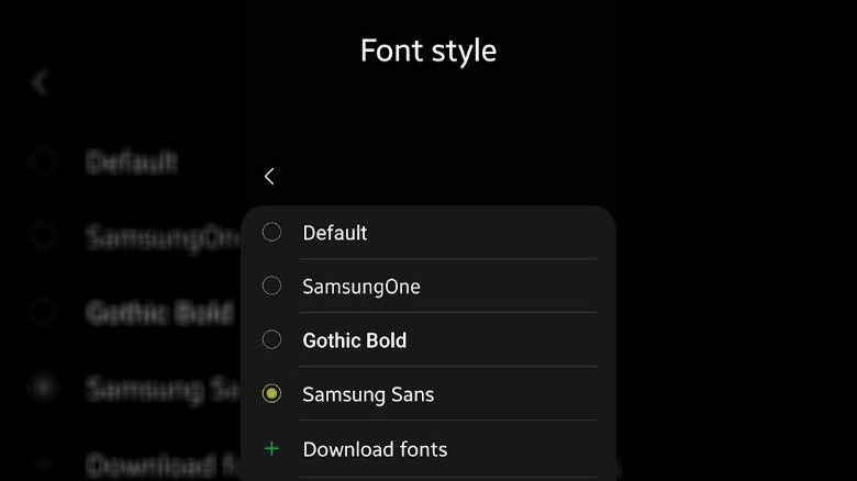 Font style menu in Galaxy settings