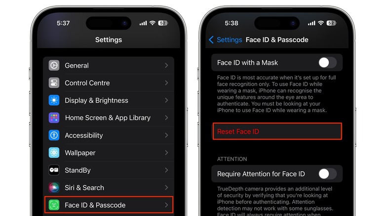 iPhone Face ID reset menu