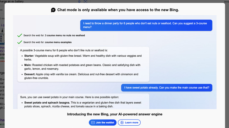 A screenshot of the Bing Chat preview