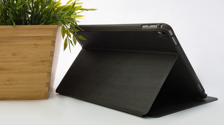 an iPad in a black case