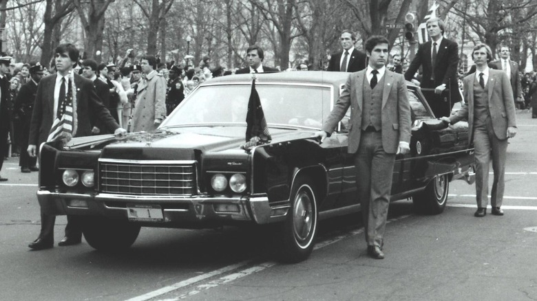 A black-and-white image of President Ronald Reagan's Lincoln limousine.