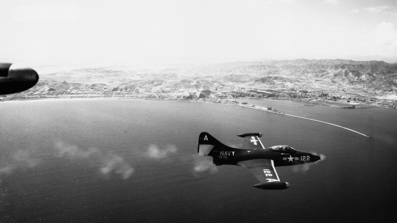 F9F Panther flying over the ocean