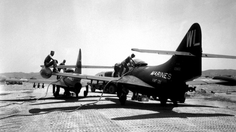 F9F Panthers refueling on aircraft carrier