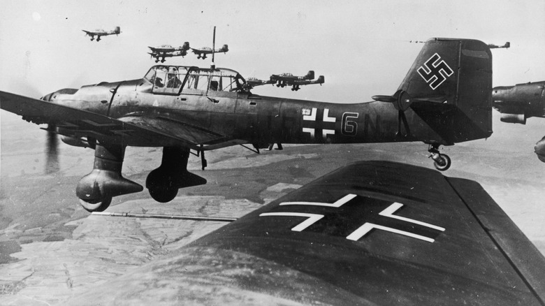 German Junkers Ju-87B-2 Stuka in close formation over france during WWII