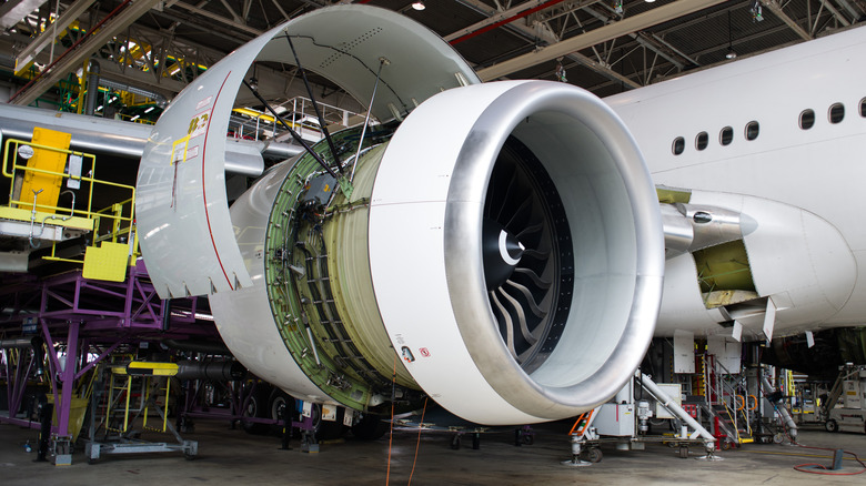 GE90-115B engine exposed in hangar