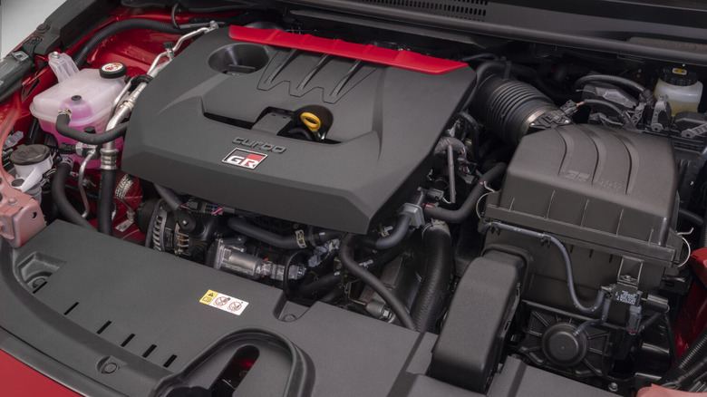 Toyota G16E-GTS engine under hood of GR Corolla