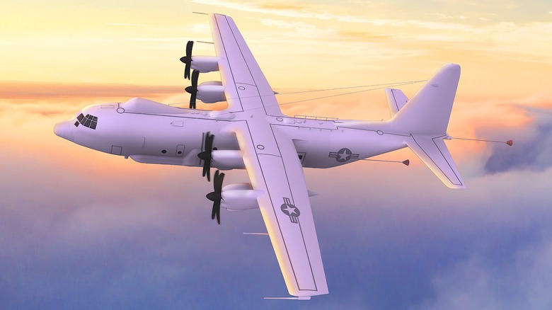 An artist's rendering of the E-130J TACAMO flying during sunset