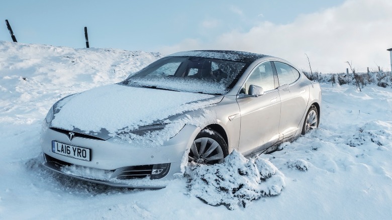 tesla stranded in snowbank