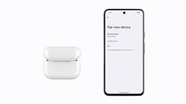 Android phone opened in Bluetooth pairing screen next to AirPods showing back button