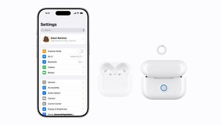 iPhone open in Settings next to AirPods with the back button pressed