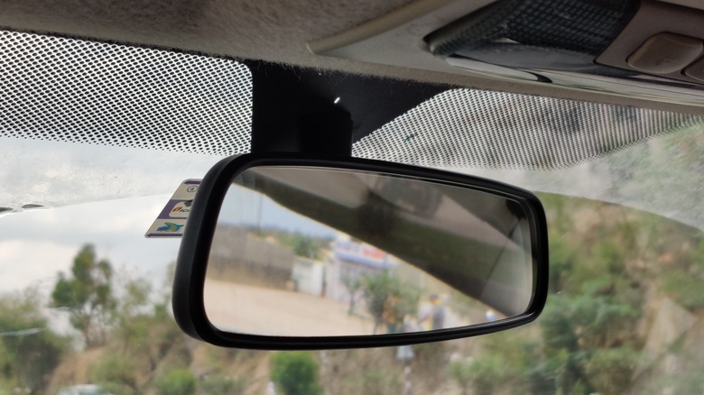 Frits behind rear view mirror of a car.