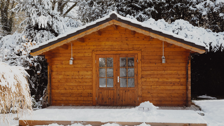 Snow-covered garden shed