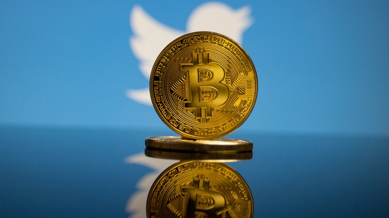 A crypto coin against the backdrop of Twitter logo.