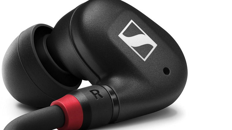 Black and red sennheiser earpiece 