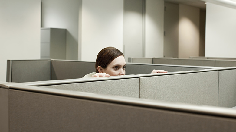 person on privacy divider office