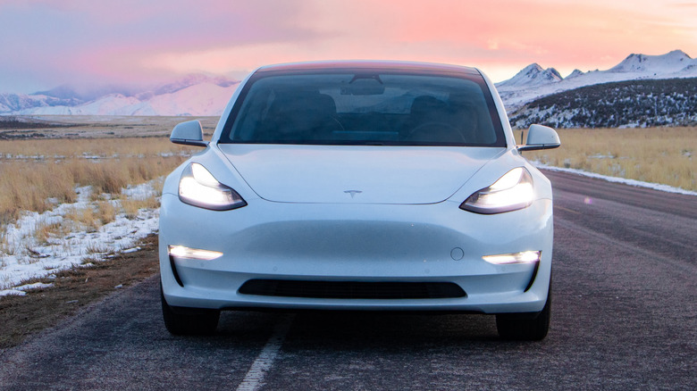 Tesla Model 3 on road.