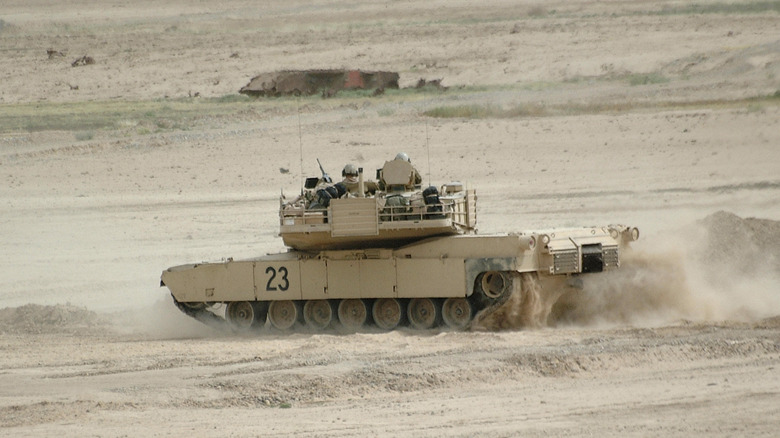 Abrams maneuvering during fire exercise.