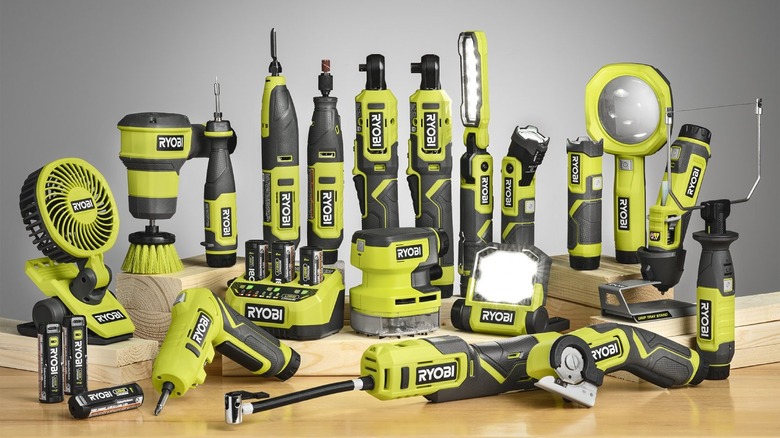 Several Ryobi tools on a table