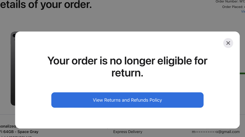 Your order is no longer eligible for return page