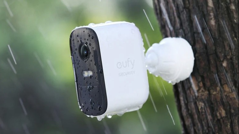 A Eufy security camera in the rain.