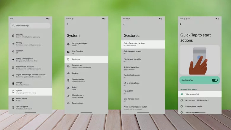 Google Pixel screenshots showing Quick Tap.