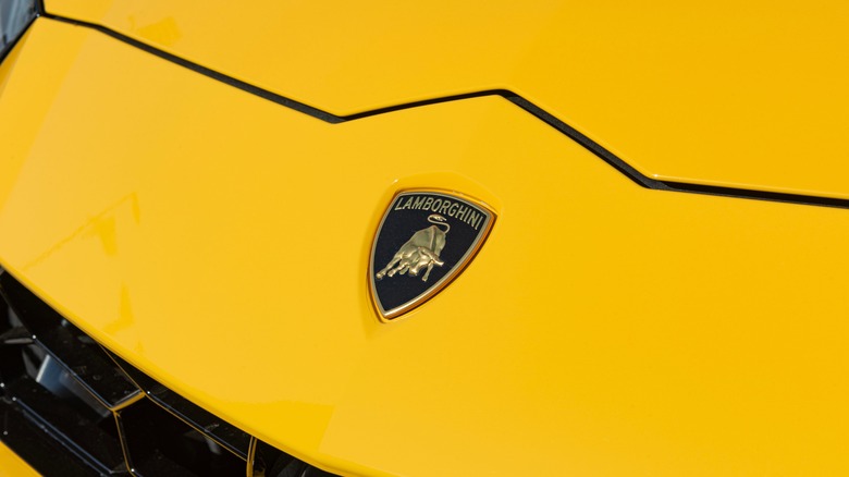 Lamborghini logo on the hood of a yellow Lamborghini car