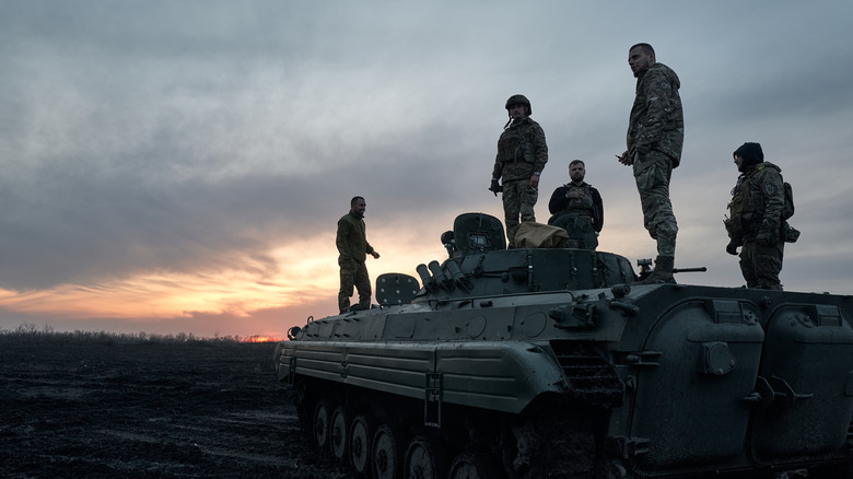 Soldiers on Boyevaya Mashina Pekhoty (BMP) in Ukraine