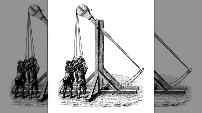 Illustration of a Traction Trebuchet in action