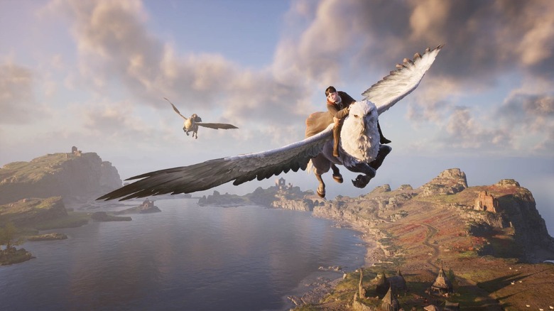 Witch character flying Gryffin over lake in "Hogwarts Legacy"