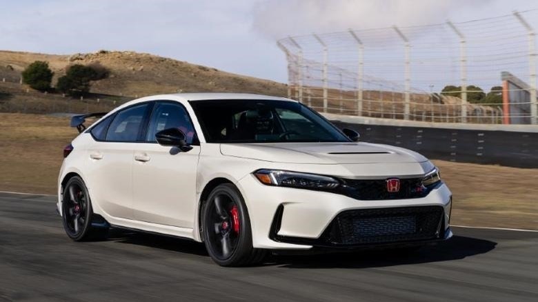 Front 3/4 shot of a White 2023 Honda Civic Type R at Sonoma Raceway