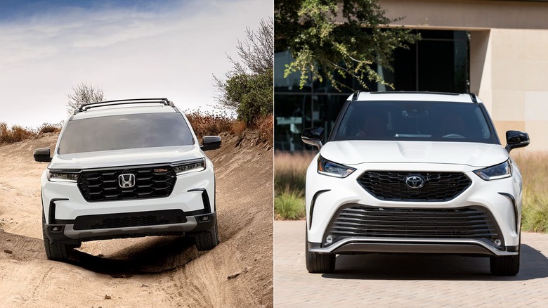 Side-by-side front views of white 2025 Honda Pilot and Toyota Highlander SUVs