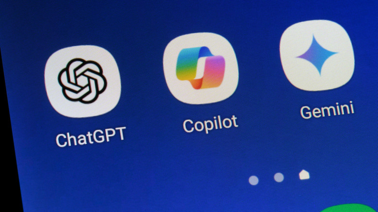 Smartphone screen showing app icons for ChatGPT, Copilot, and Gemini