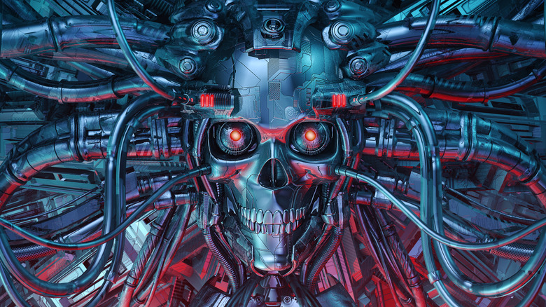 Digital image of a skul-like robot face surrounded by wires. The image is in shades of blue and red.