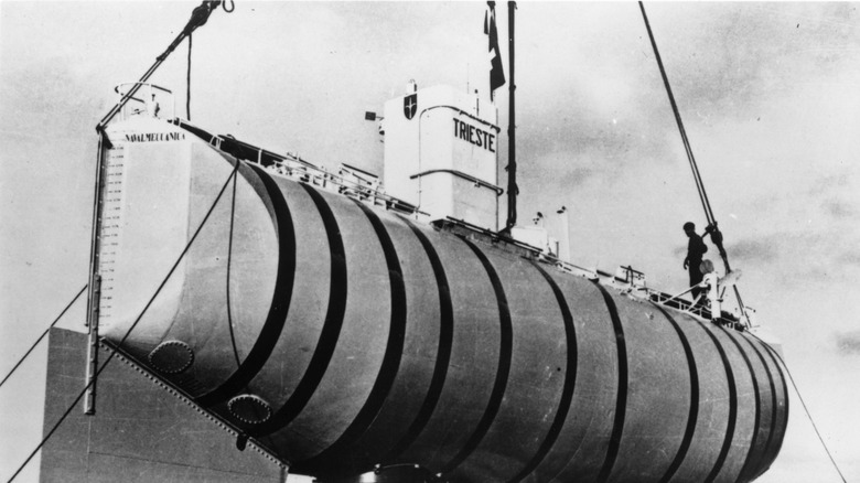 Trieste submersible raised above ocean