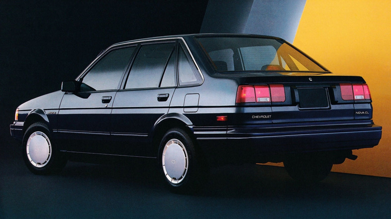 Brochure image of 1987 Chevrolet Nova, rear-left three-quarter view