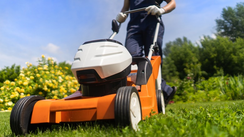 Close up of orange lawn mower in garden