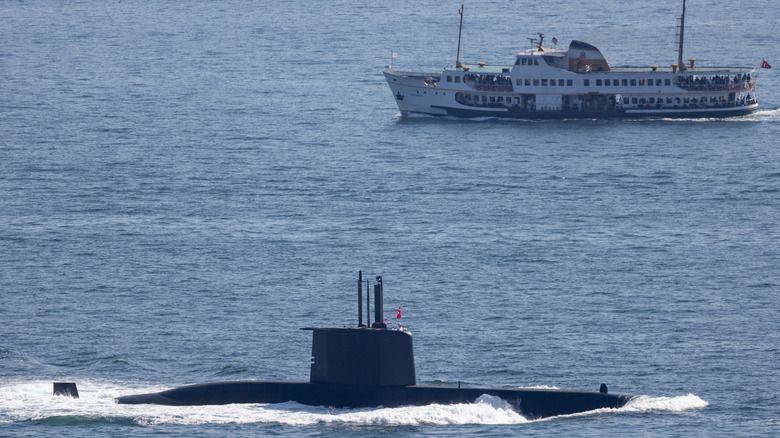 A Turkish Navy submarine navigating the Bosphorus Strait