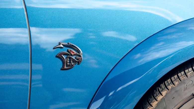 Hellcat logo on blue car