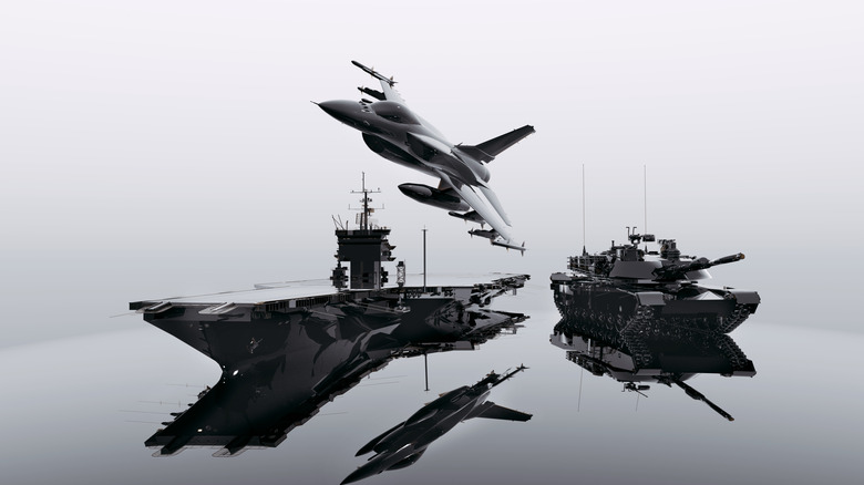 Aircraft carrier, jet, and tank