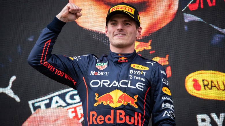 Max Verstappen on podium fist raised