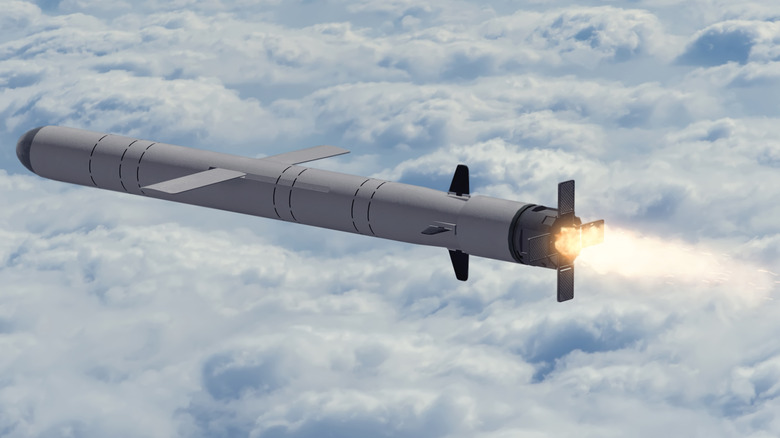 An artist's rendering of a Russian Kalibr cruise missile flying above clouds