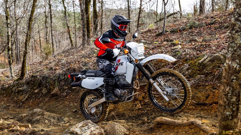 Riding a Honda XR650L dual sport on a rocky trail.