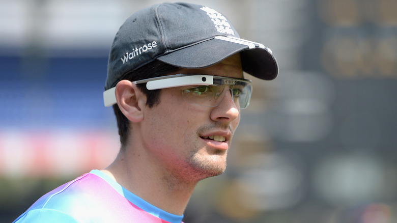 England captain Alastair Cook wears pair of Google Glass glasses during a charity event at R. Premadasa Stadium