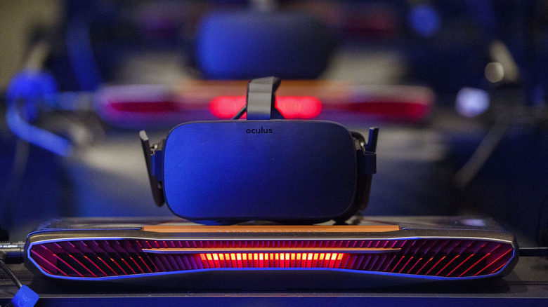 An Oculus Rift virtual reality (VR) headset stands during the Intel Corp. press event at the 2017 Consumer Electronics Show