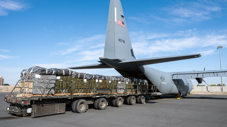 Pallets of humanitarian aid for Gaza aboard a C-130J Super Hercules